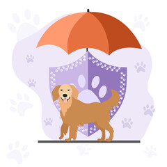 Dog retriever under protection, shield and umbrella. Animal Protection Day. Vector flat illustration.