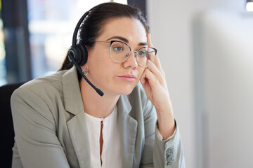 Customer service, computer and business woman bored with help desk work, networking overtime or...