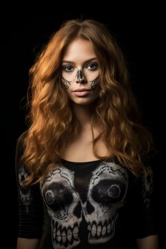 Portrait of a woman with a mask, a girl is getting ready for Halloween, black beckground