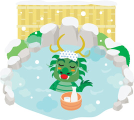 冬の露天風呂に浸かる龍