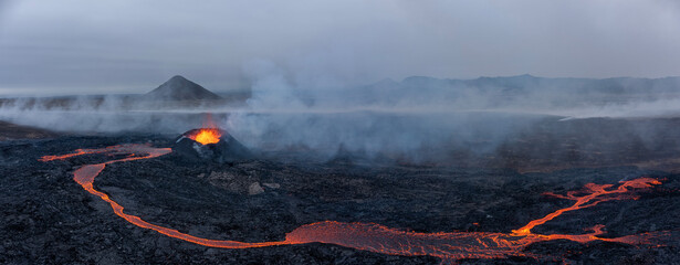 Aerial Panoramic view of Volcano Eruption.