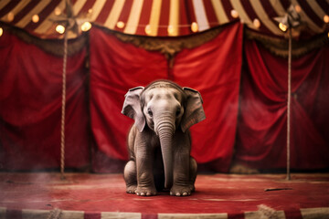 Sad young elephant sitting in circus with red curtains