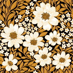 Floral Seamless Pattern of White Flowers and Yellow Leaves on Black Backdrop, Wallpaper Design for Textiles, Papers, Prints, Fashion, Beauty Products