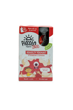 Piccolo branded squeezy yogurt pouches for kids displaying relevant grahics and icons.