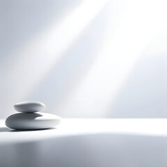 Fototapeta premium Bright zen-themed product or service spotlight background, white light, zen stones, green leaves