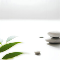 Obraz na płótnie Canvas Bright zen-themed product or service spotlight background, white light, zen stones, green leaves