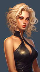 Portrait of a blonde woman wearing black dress. Hyperreal anime painting. Generative AI.