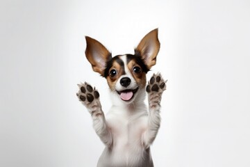 Joyful little puppy with raised paws up on a white background.