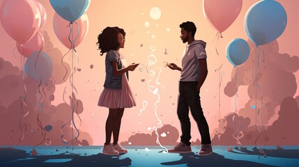Gender Reveal cute black couple with blue and pink background