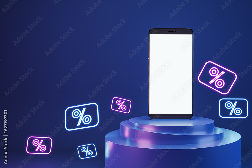 Aufkleber online shopping and sale concept with blank white smartphone screen with place for your logo or text