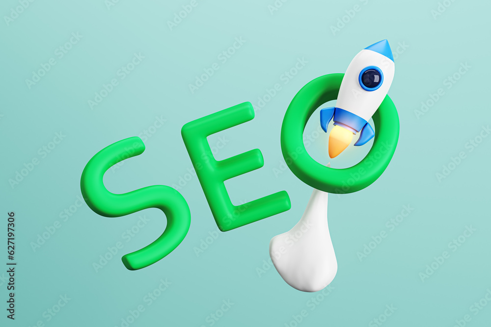 Poster Creative blue background with flying rocket and word. SEO, startup and web development concept. 3D Rendering.