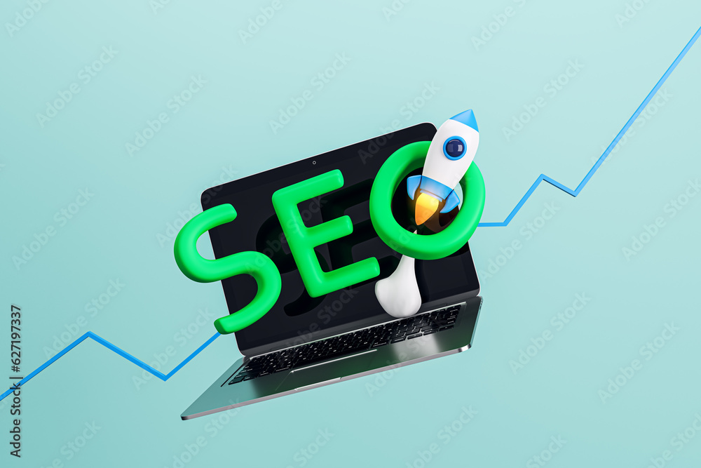 Poster Creative blue backdrop with flying rocket, word and laptop. SEO, startup and web development concept. 3D Rendering.