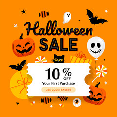 Halloween Sale decorations and gift boxes coupon template vector illustration. Promotion coupon code.