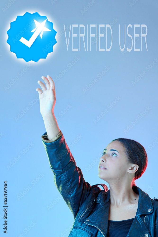 Leinwandbilder woman, invisible screen and verification on social media of identity for security, safety or process