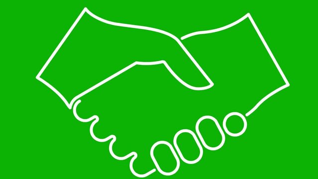 Animated white linear handshake icon appears. Symbol is drawn. Concept of deal, agreement,  treaty, partnership. Vector line illustration isolated on the green background.