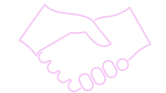Animated pink linear handshake icon appears. Symbol is drawn. Concept of deal, agreement,  treaty, partnership. Vector line illustration isolated on the white background.