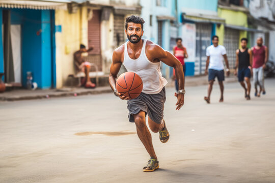 Indian man playing basketball. Young happy athletic male with basketball ball.