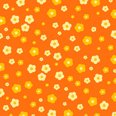 Yellow and orange flowers on orange background for wallpaper, backdrop, post card, spring, summer floral print, fabric, clothing pattern, nature, garden, picnic blanket, duvet, phone case, kid dress