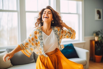 Positive arab woman dancing at home. Happiness and well being concept.