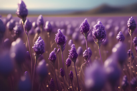 A Vast Field Of Purple Flowers In The Wind. Generative AI 