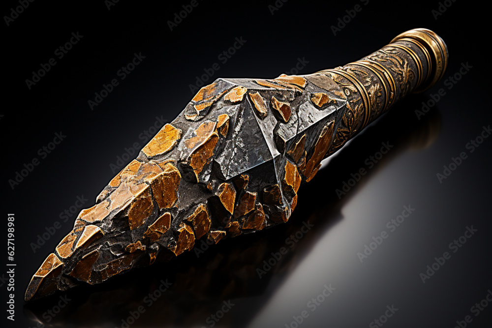 Poster An image showcases a Stone Age hand axe, made from chipped flint and featuring a sharpened edge. Generative AI technology.