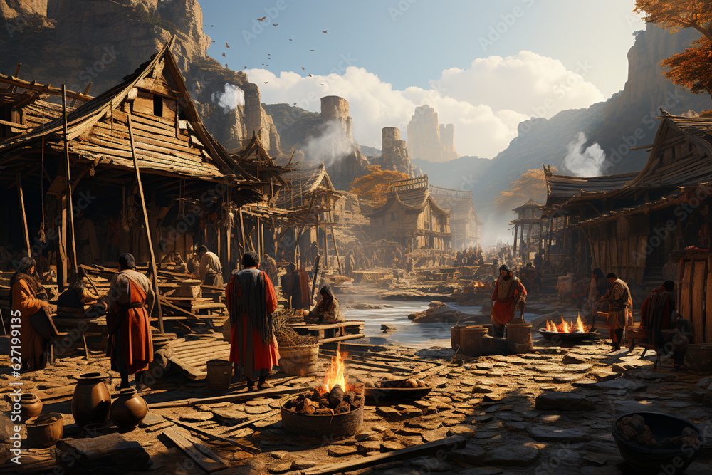 Poster a trending image captures a stone age trading scene, with people exchanging goods and resources with