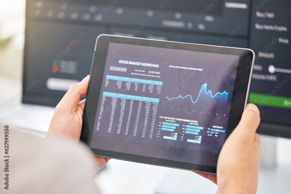 Poster tablet in hands, statistics and stock market with fintech and trading, invest and financial graph on