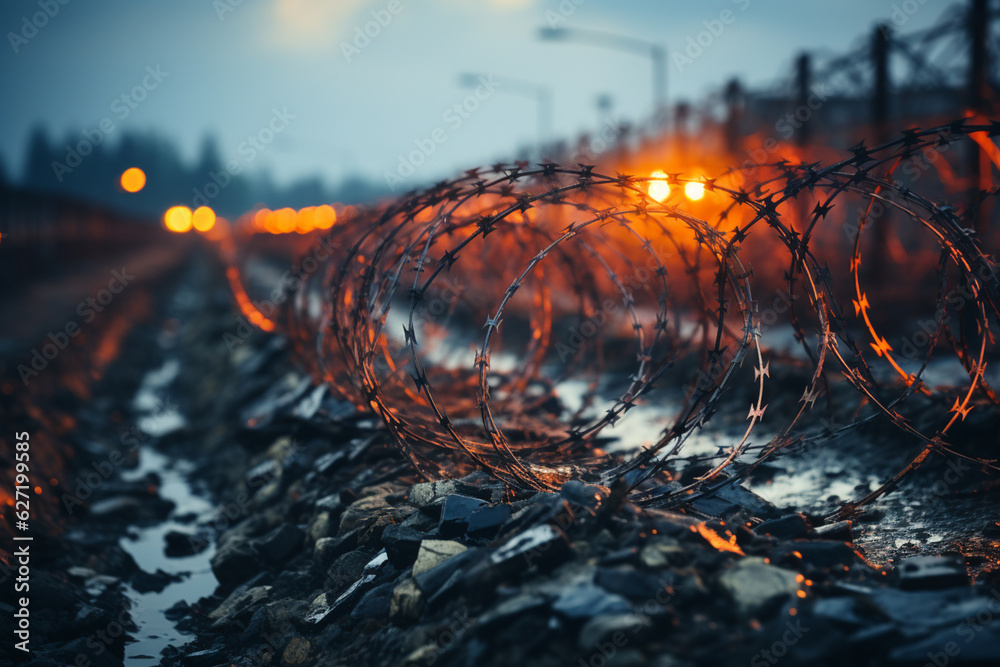 Leinwandbilder a close-up of prison barbed wire against a cloudy sky, representing the idea of confinement. generat