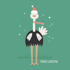 Christmas greeting card with a funny ostrich in a Santa hat
