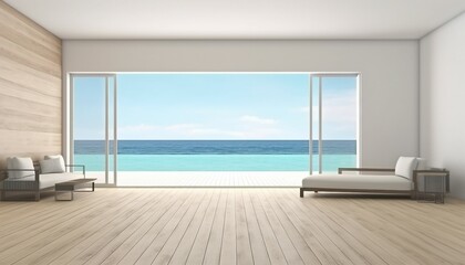 Sea view empty large living room of luxury summer beach house with swimming pool near wooden terrace. Big white wall background in vacation home or holiday villa. Hotel interior . Generative ai