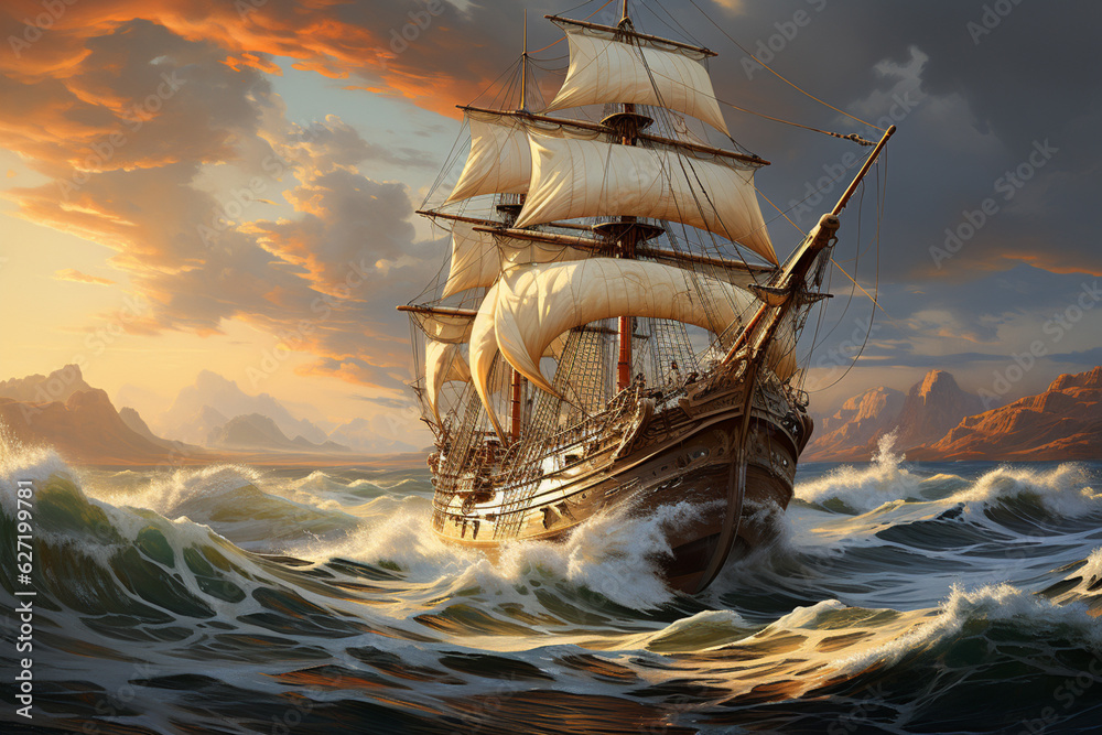 Aufkleber a majestic sailing ship with billowing white sails navigating the open ocean, evoking a sense of adv