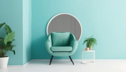 Green armchair against blue wall with round mirror in living room interior with copy space on white wall, generative ai
