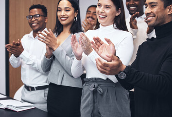 Happy, business people and applause in meeting for presentation, teamwork or collaboration together...