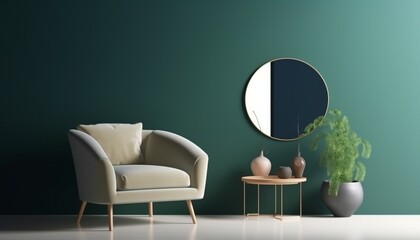 Green armchair against blue wall with round mirror in living room interior with copy space on white wall, generative ai