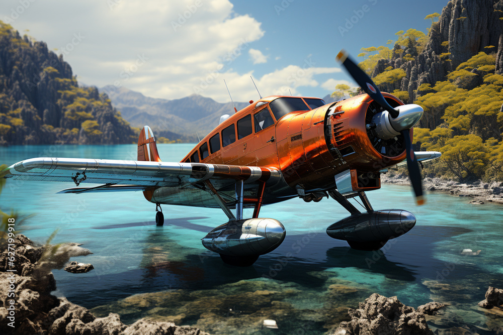Poster a seaplane landing on the water near a remote island, showcasing alternative modes of seafaring tran