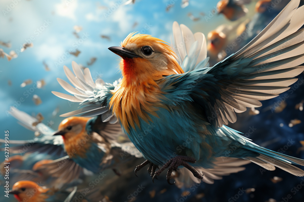 Poster a flock of birds in formation, soaring through the sky, showcasing the natural ability of avian crea