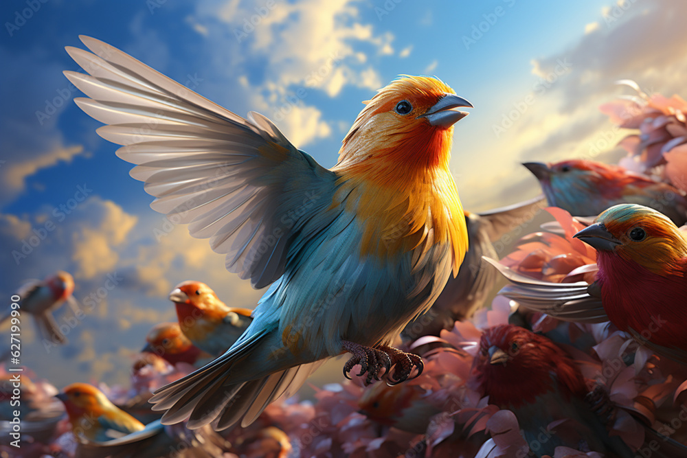 Poster a flock of birds in formation, soaring through the sky, showcasing the natural ability of avian crea