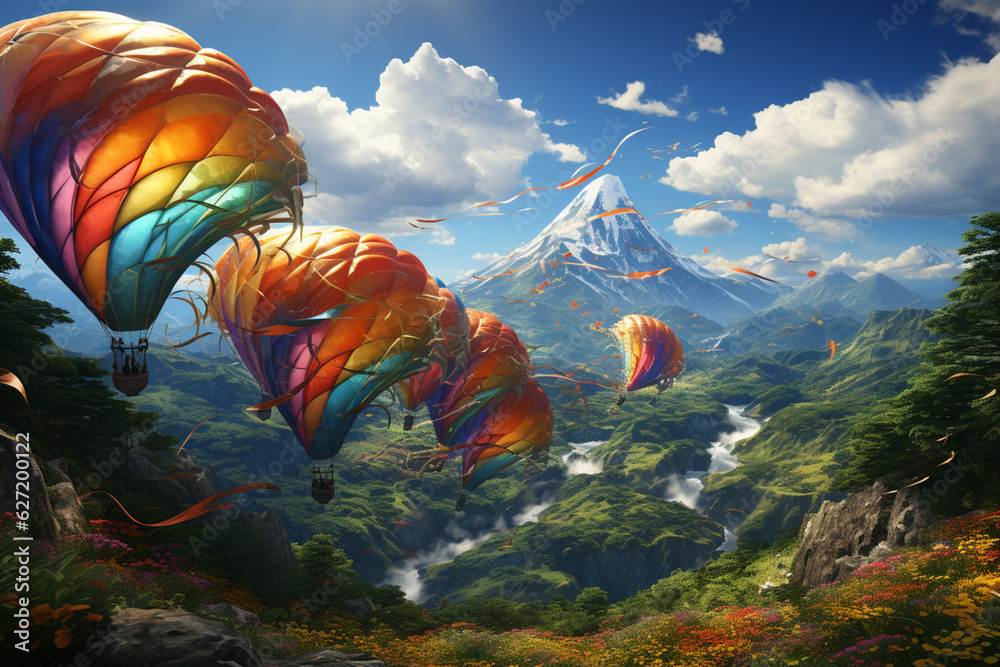 Poster a group of hang gliders launching from a hillside, soaring high above the landscape with the help of