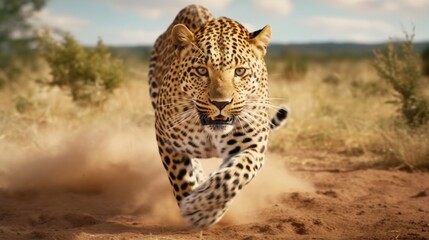 A large leopard running across a dirt field, a photorealistic. Generative AI