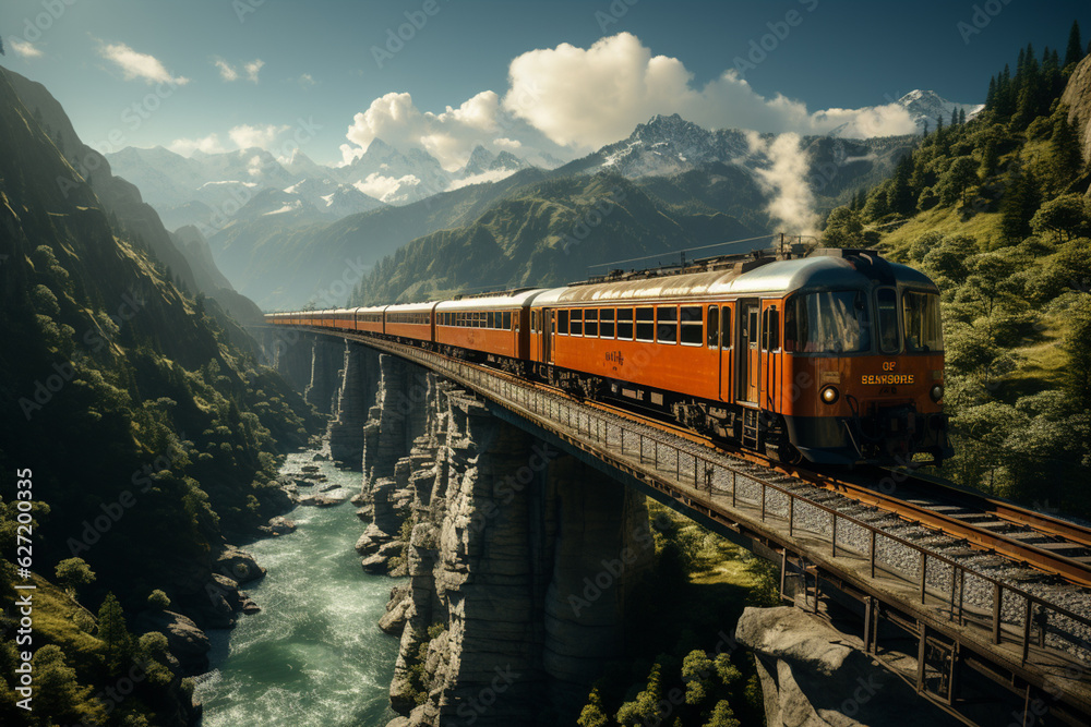 Aufkleber An aerial view of a train crossing a breathtaking railway bridge, spanning over a deep gorge or river.  Generative AI technology.