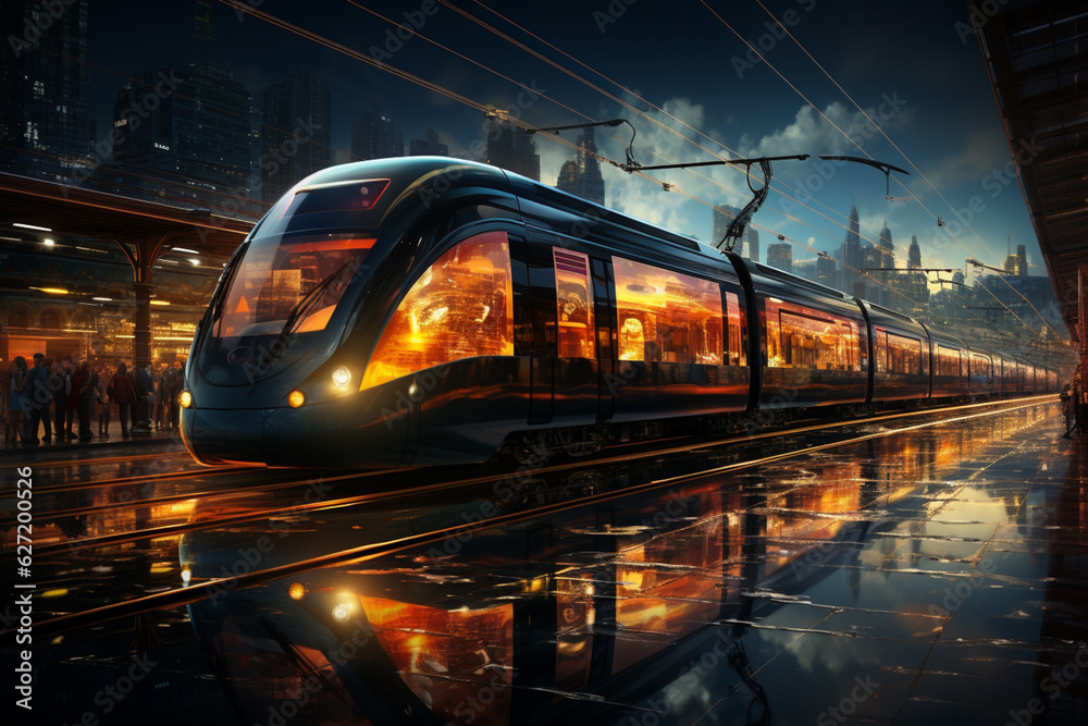 Fototapete A time-lapse image of trains coming and going at a busy railway junction, capturing the constant movement and activity.  Generative AI technology.