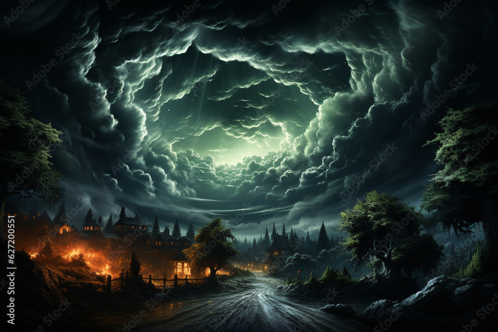 Fototapete a rainstorm with lightning strikes illuminating the darkened sky, creating a dramatic and electrifyi