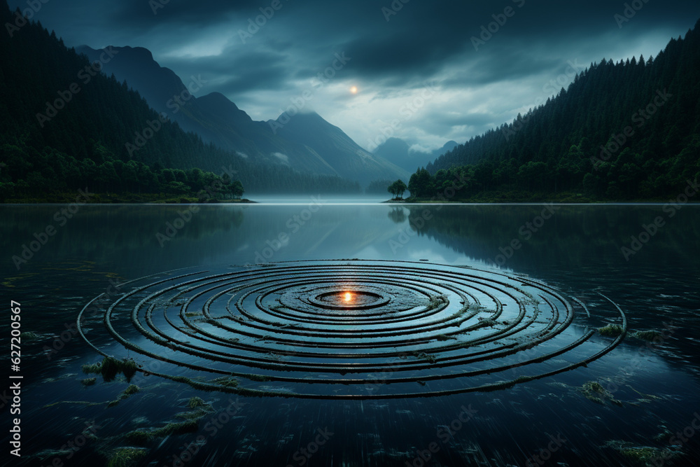 Leinwandbilder rain falling on a calm lake, creating concentric circles on the water's surface. generative ai techn