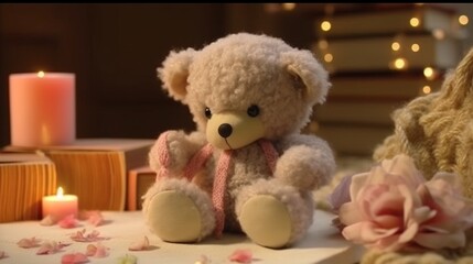 Cute kids knitted toys teddy bear reading book. Generative AI