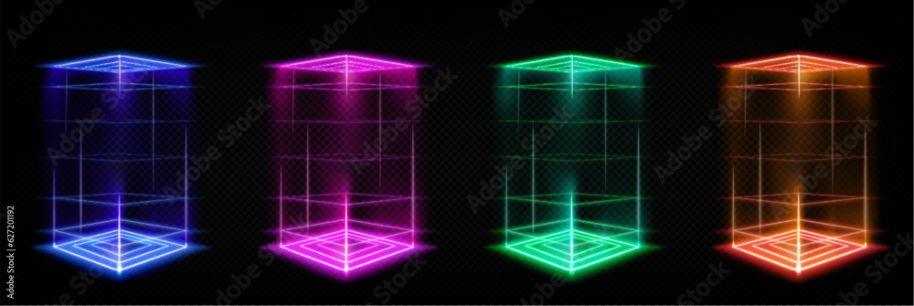 Wall mural set of square hologram portals with color light effect. vector realistic illustration of futuristic 