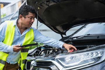 Fototapeta na wymiar Asian car mechanic repair breakdown vehicle on roadside assistance 
