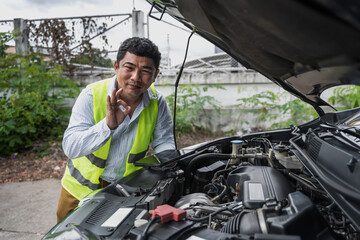 Fototapeta na wymiar Asian car mechanic repair breakdown vehicle on roadside assistance 