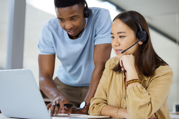 Call center, customer service and manager helping a consultant with crm communication in the office. Contact us, headset and telemarketing agents working on online consultation together in workplace.