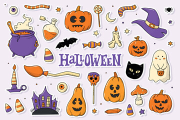 Set of pre-made Halloween stickers with white edge for prints, sublimation, labels, cards, posters, apparel, planners, stationary, etc. EPS 10