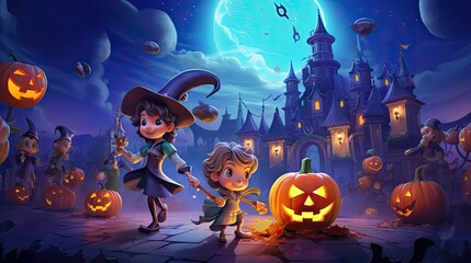 The Halloween festival wallpaper features kid-friendly characters in a cartoon style generative ai.
